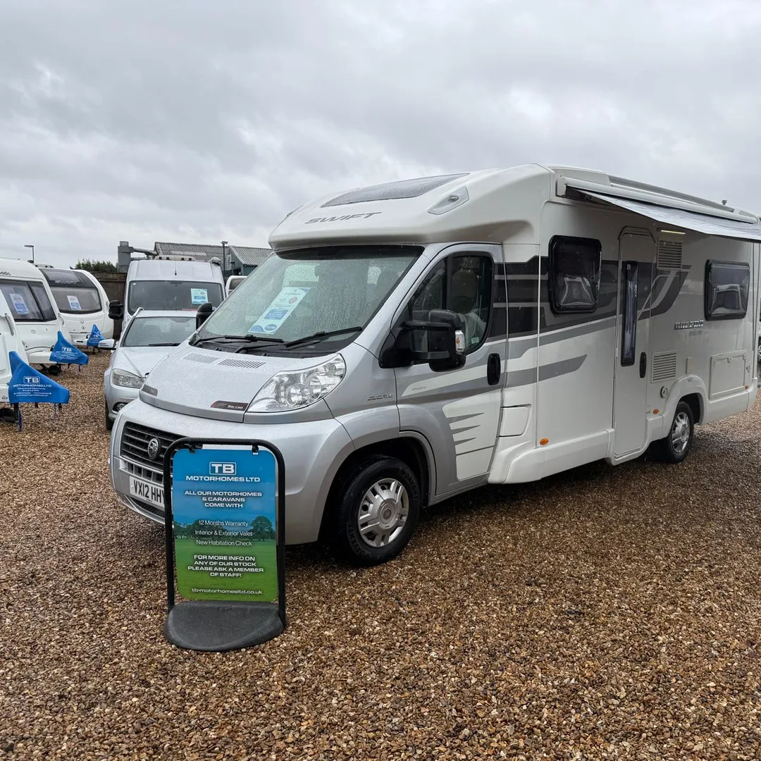 Motorhomes, campervans and caravans on the TB Motorhomes yard in Melbourne, Derbyshire
