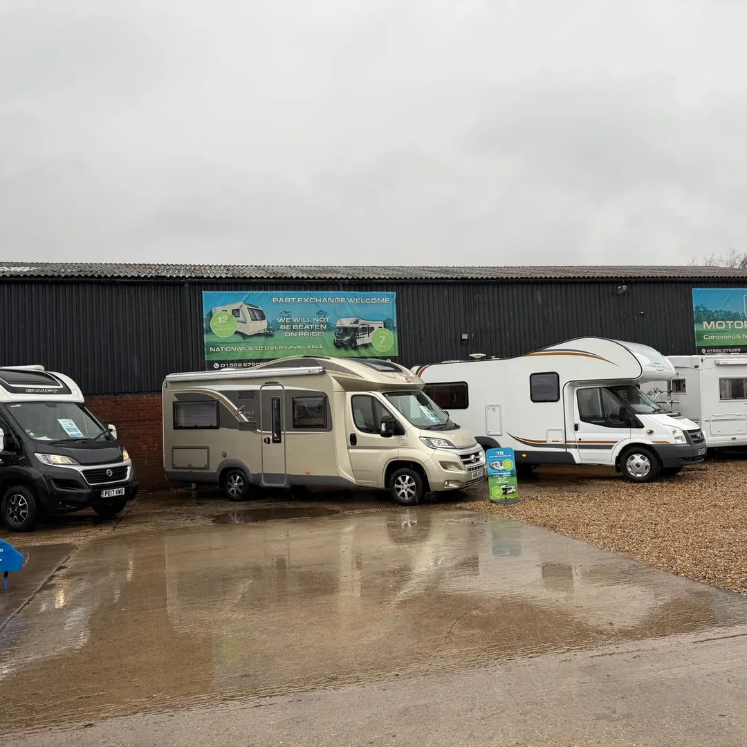 Motorhomes, campervans and caravans on the TB Motorhomes yard in Melbourne, Derbyshire
