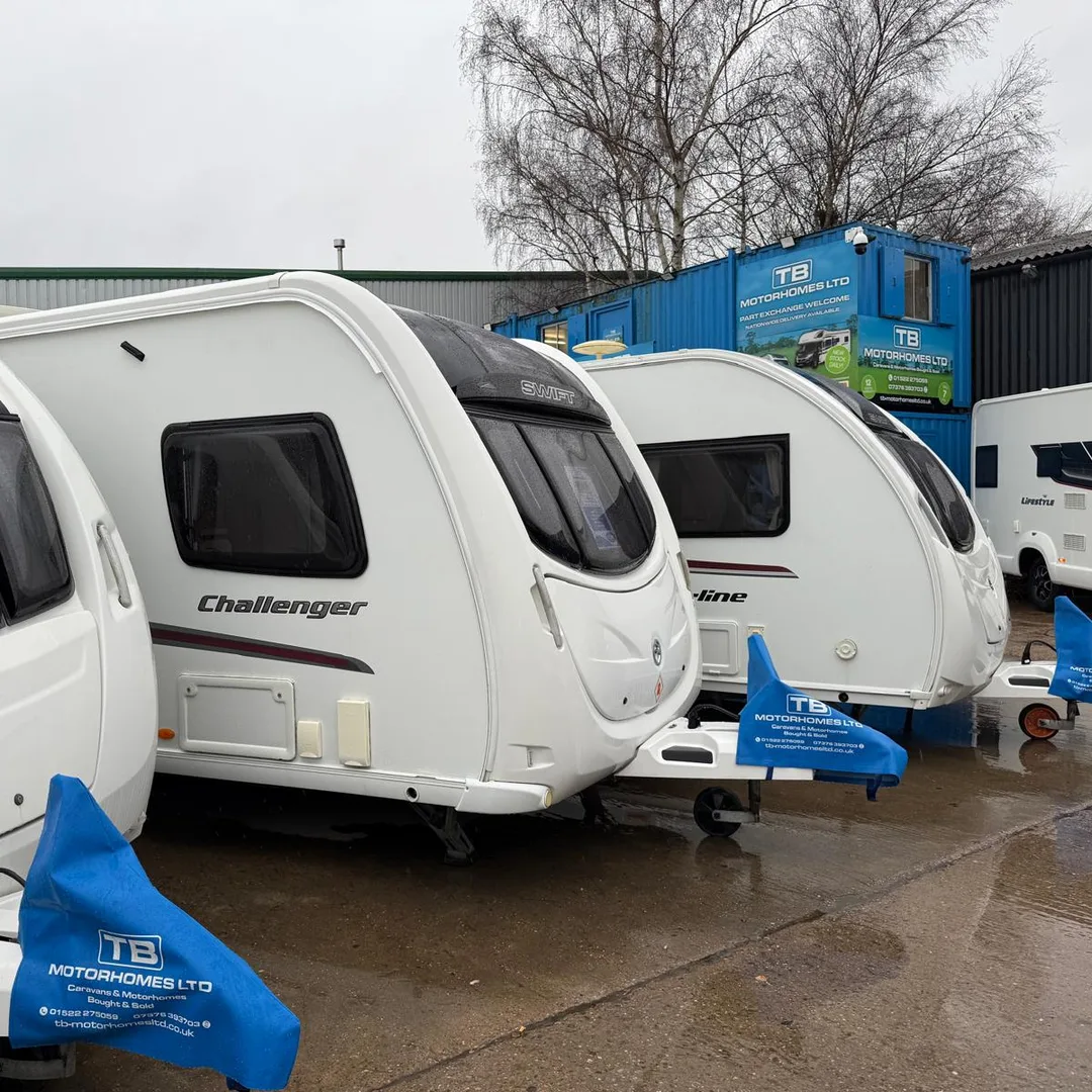 Motorhomes, campervans and caravans on the TB Motorhomes yard in Melbourne, Derbyshire